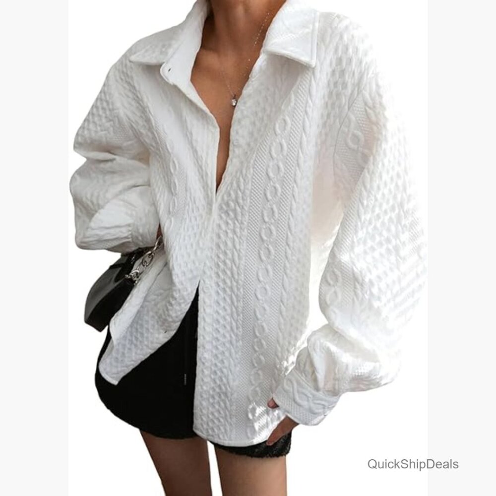 Oversized Button Down Shacket, Textured Polyester… - image 1